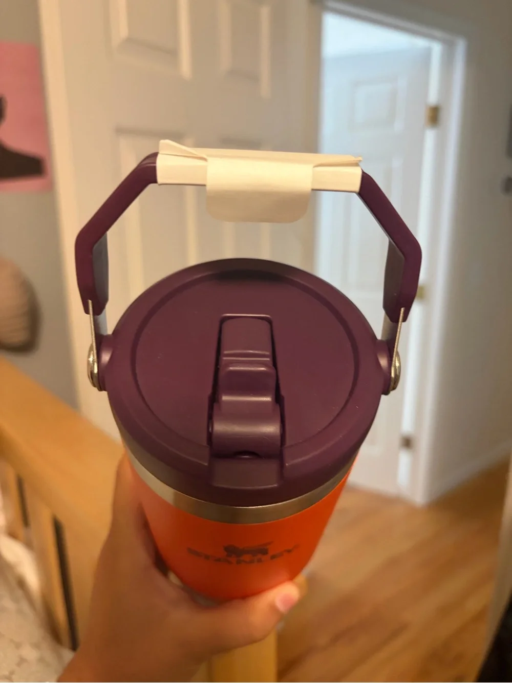 Stanley Orange Tumbler with Purple Handle and Lid